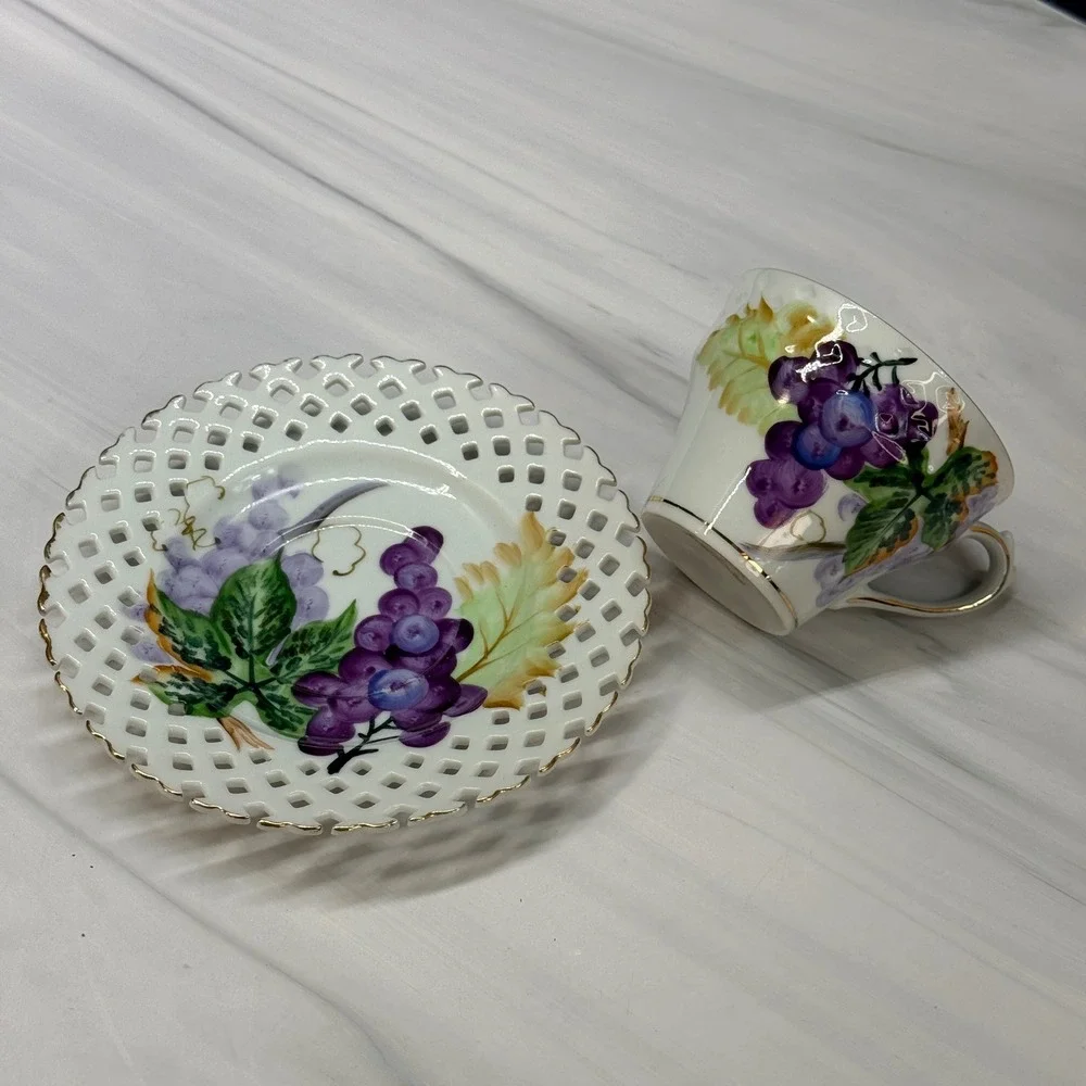 Hand Painted Porcelain Grape Tea Cup and Saucer Set NW-C102A Reticulated Lattice